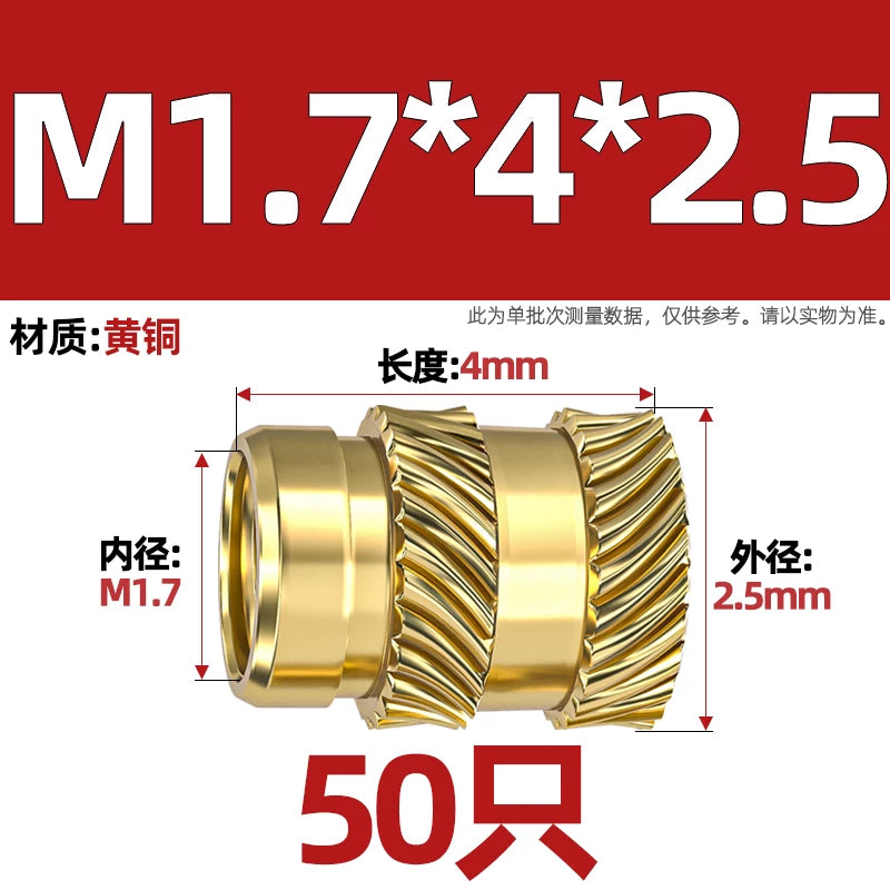 M1-M8 Knurled Brass Heat-Set Inserts - Slant Twill Threaded Nuts for Plastic Injection Molding 3D Printing
