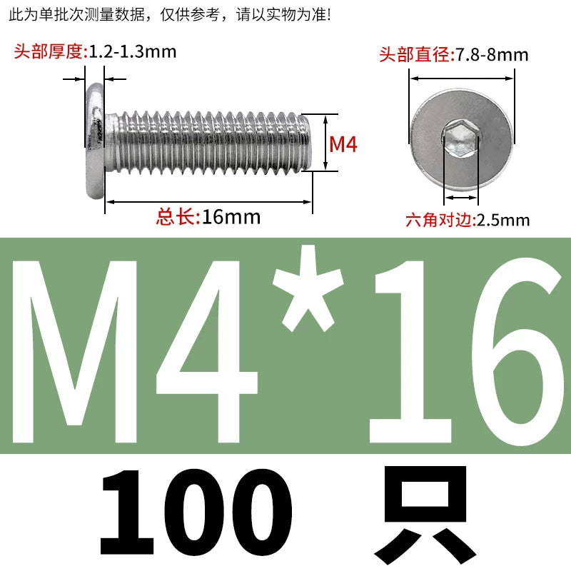 10.9 / 304 Stainless Steel Black Hex Screw CM Ultra-Thin Large Flat Head Low Profile C-Head Flat Shank M1.6-M12