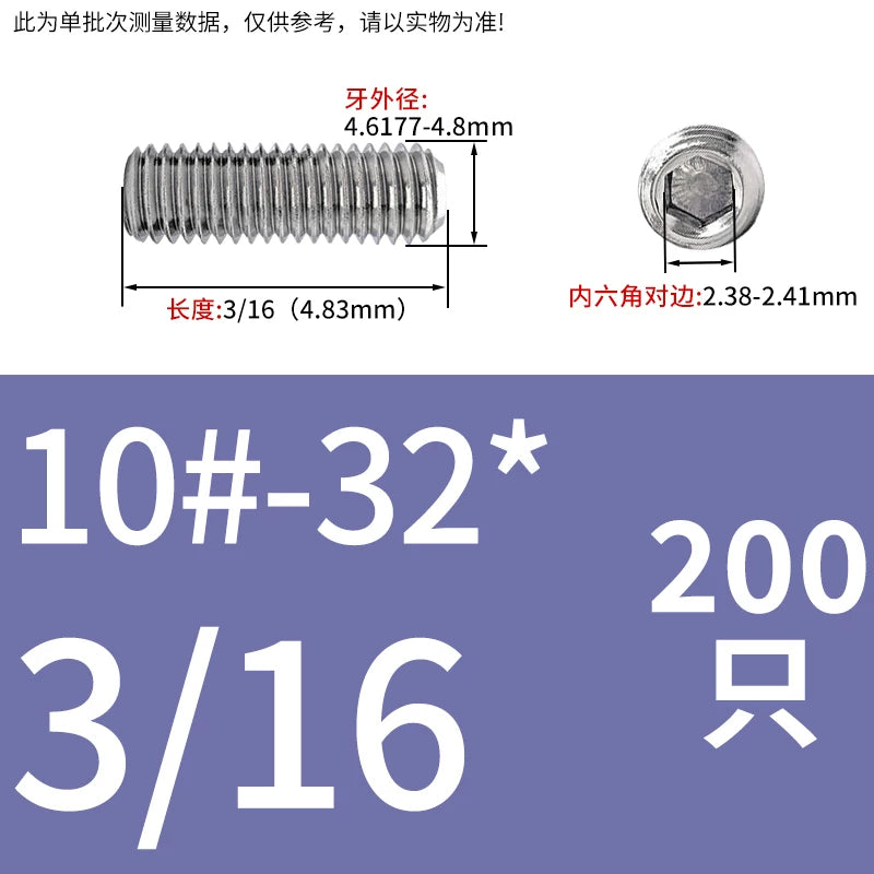 UNC/UNF Stainless Stee Set Screw Inch Headless Hex Socket Concave End Coarse/Fine Thread Screw
