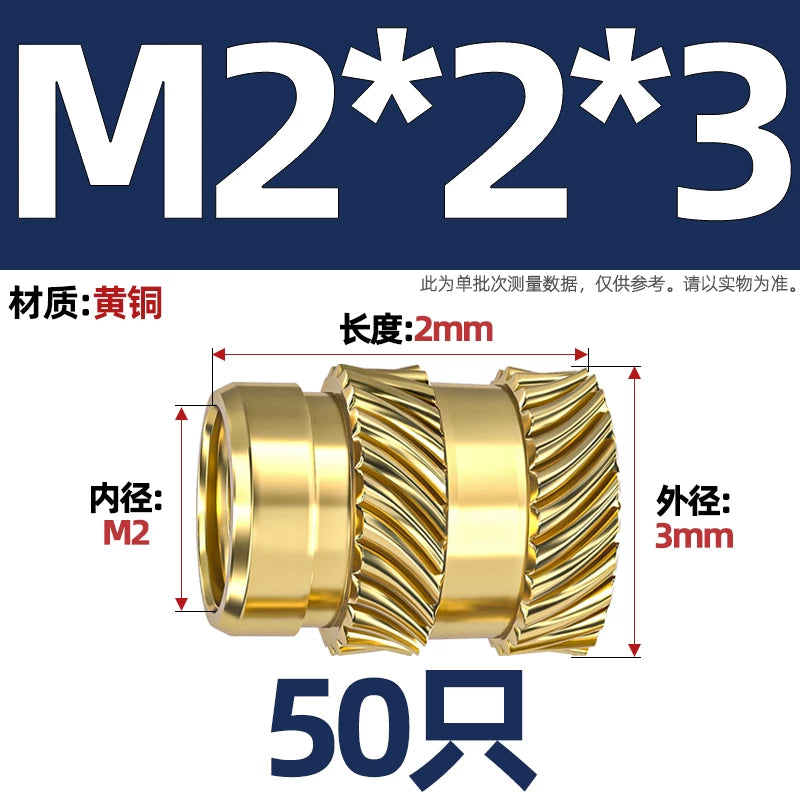 M1-M8 Knurled Brass Heat-Set Inserts - Slant Twill Threaded Nuts for Plastic Injection Molding 3D Printing