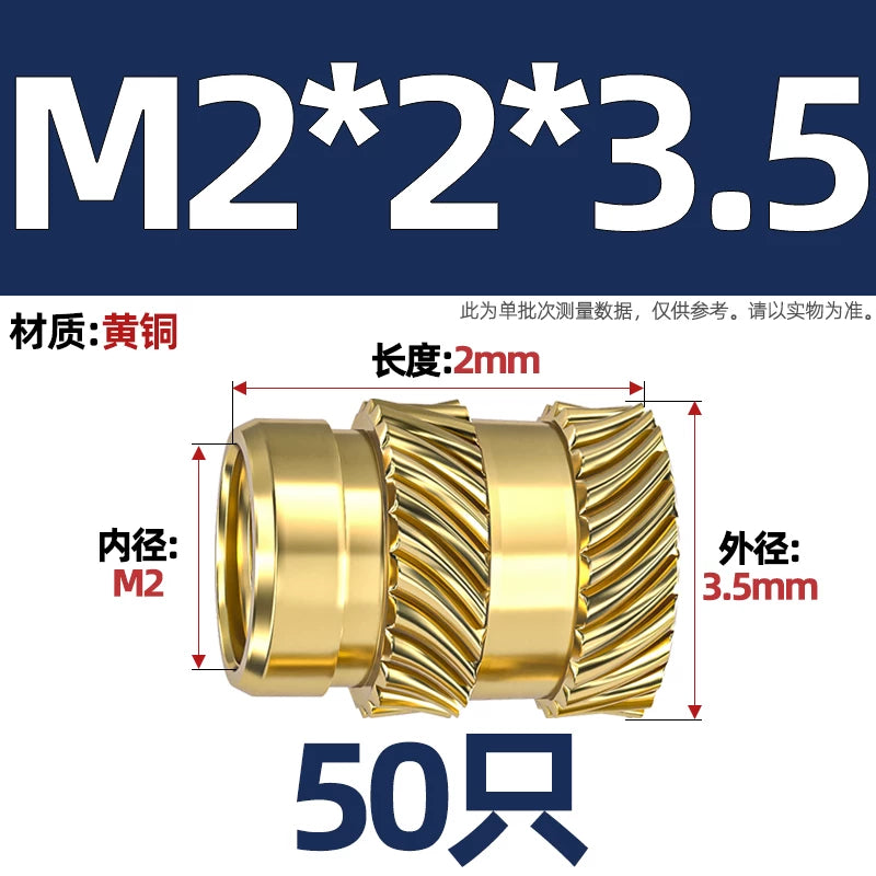 M1-M8 Knurled Brass Heat-Set Inserts - Slant Twill Threaded Nuts for Plastic Injection Molding 3D Printing