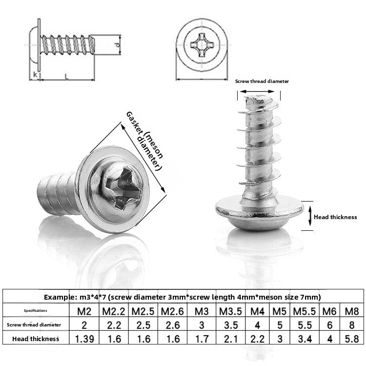M2/M3/M4 Carbon Steel Nickel-Plated Phillips Pan Head Self-Tapping Screws with Washer for DIY & Furniture Assembly