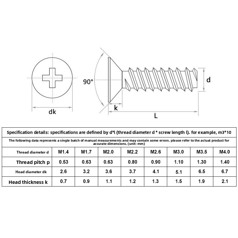 M1/M2/M2.3 Nickel-Plated Cross Flat Head Self-Tapping Screws Countersunk Flat Tail for Electronic Chassis