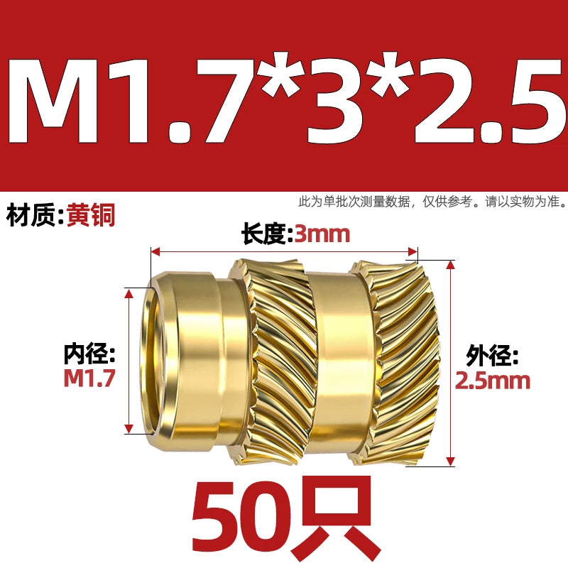 M1-M8 Knurled Brass Heat-Set Inserts - Slant Twill Threaded Nuts for Plastic Injection Molding 3D Printing