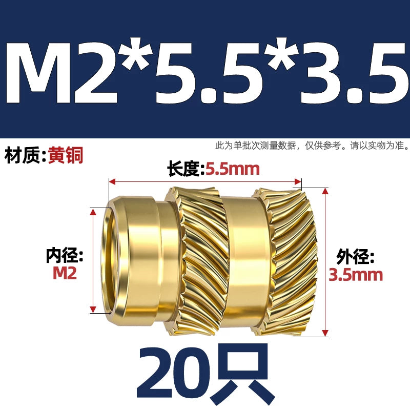 M1-M8 Knurled Brass Heat-Set Inserts - Slant Twill Threaded Nuts for Plastic Injection Molding 3D Printing