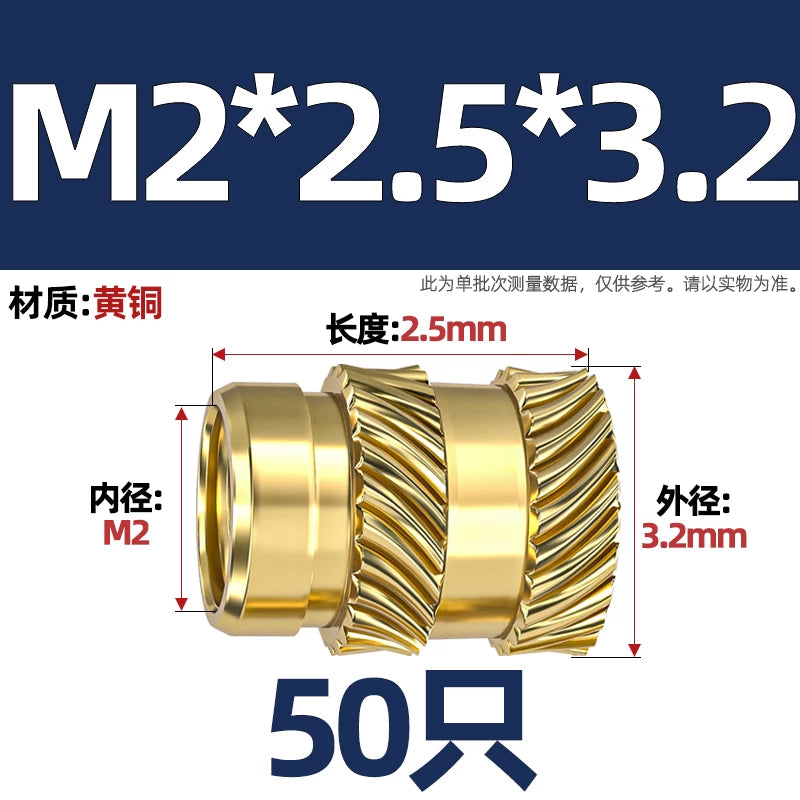 M1-M8 Knurled Brass Heat-Set Inserts - Slant Twill Threaded Nuts for Plastic Injection Molding 3D Printing