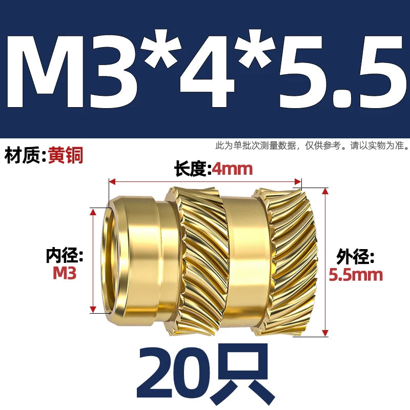 M1-M8 Knurled Brass Heat-Set Inserts - Slant Twill Threaded Nuts for Plastic Injection Molding 3D Printing