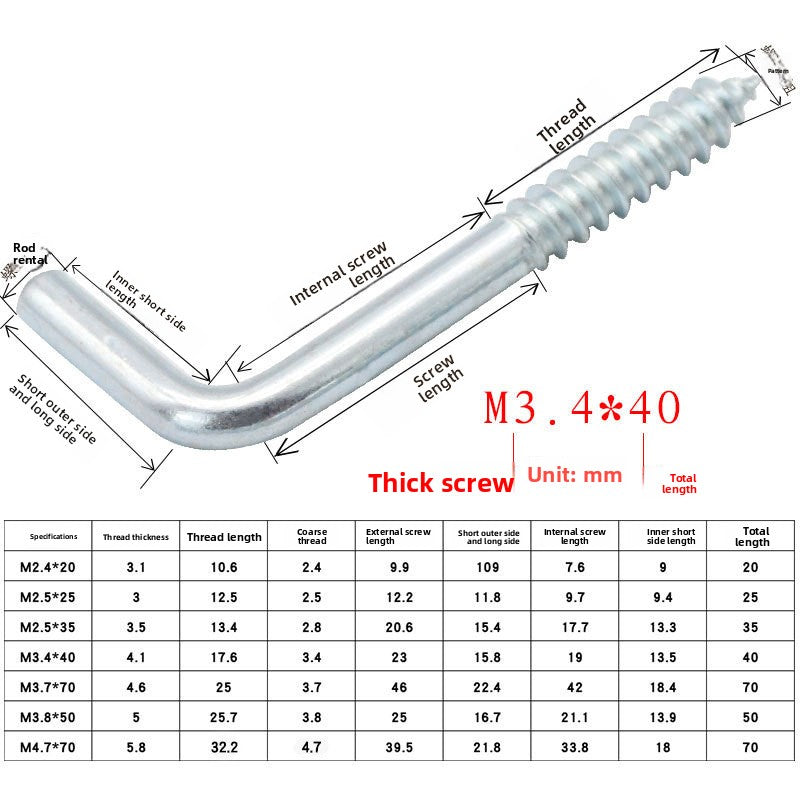 M2.5/M2.8/M3.4 Blue Zinc Plated Carbon Steel L Hook Self-Tapping Screws - 7-Shaped Right Angle Light Hooks for Home Hanging and Storage
