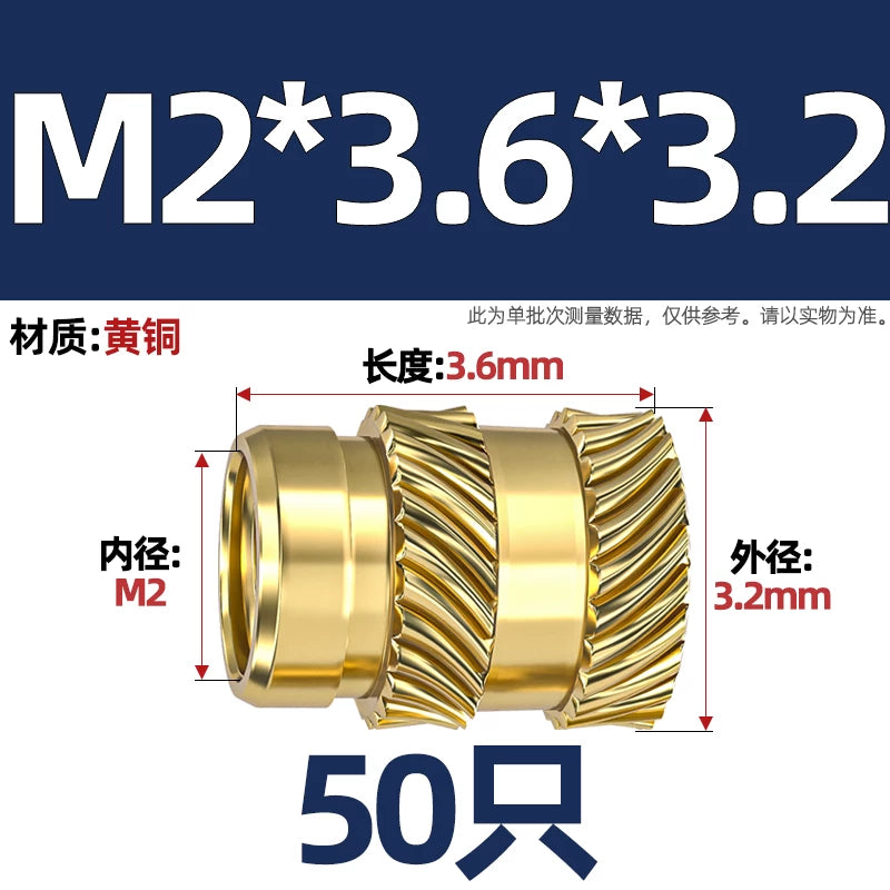 M1-M8 Knurled Brass Heat-Set Inserts - Slant Twill Threaded Nuts for Plastic Injection Molding 3D Printing