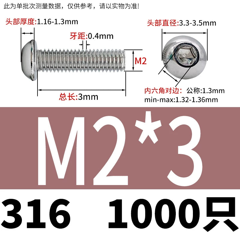 ISO7380 316 Stainless Steel Screw Button Mushroom Head Hex Machine Screw M2-M12 Fastener