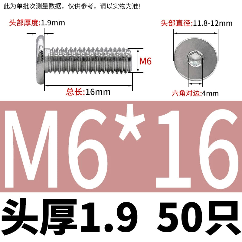 10.9 / 304 Stainless Steel Black Hex Screw CM Ultra-Thin Large Flat Head Low Profile C-Head Flat Shank M1.6-M12