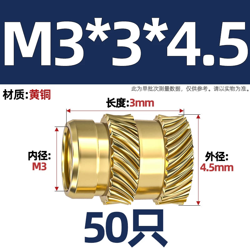 M1-M8 Knurled Brass Heat-Set Inserts - Slant Twill Threaded Nuts for Plastic Injection Molding 3D Printing