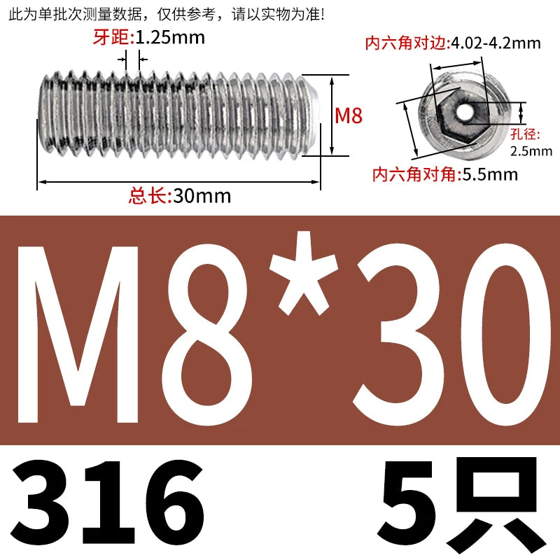 DIN913 Hex Socket Set Screw 304/316 Hollow Perforated Vacuum Exhaust Screw