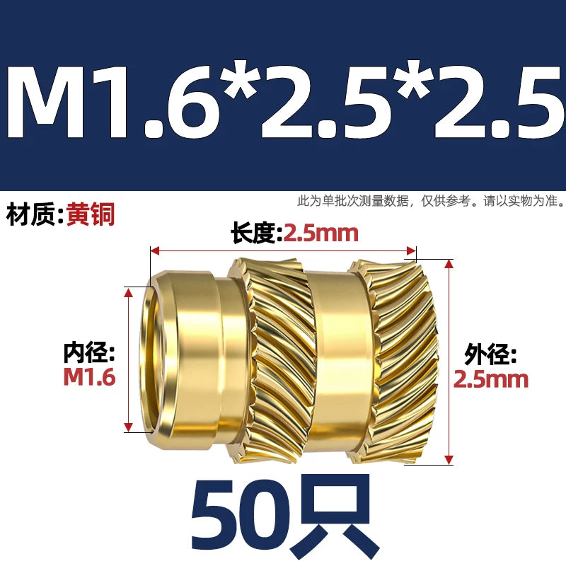 M1-M8 Knurled Brass Heat-Set Inserts - Slant Twill Threaded Nuts for Plastic Injection Molding 3D Printing