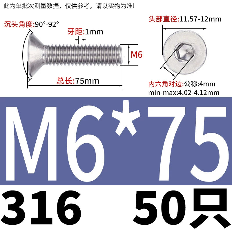 DIN7991/GB70.3 M2-M16 316 SS Screw Hex Socket Countersunk Flat Cup Head Fastener