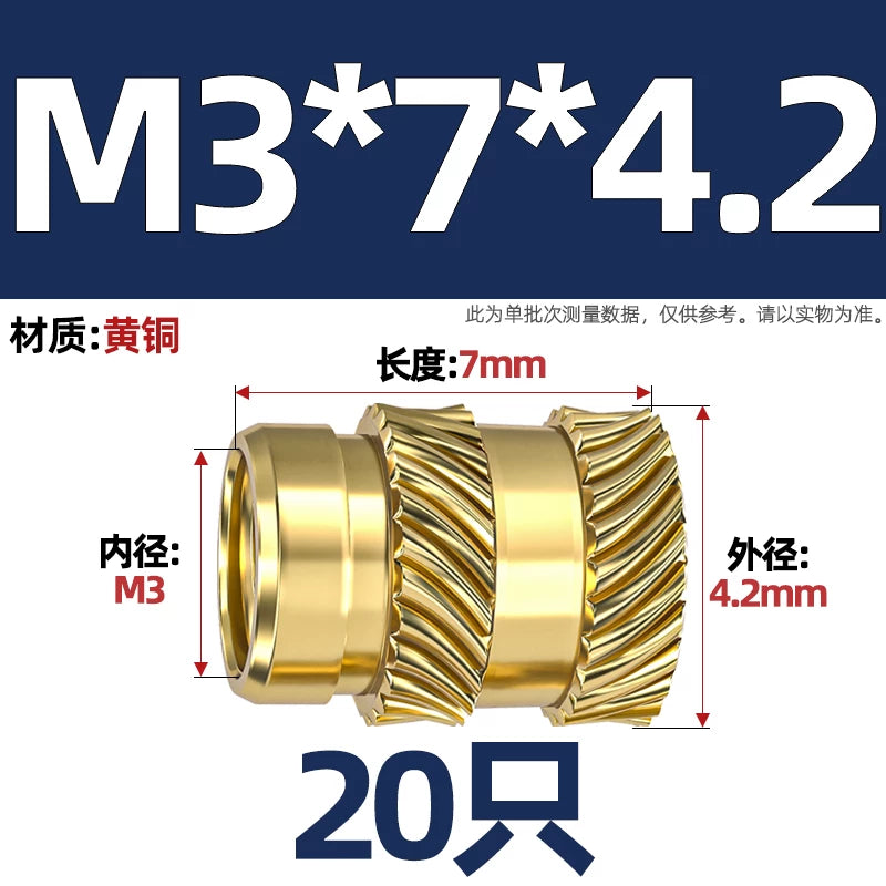 M1-M8 Knurled Brass Heat-Set Inserts - Slant Twill Threaded Nuts for Plastic Injection Molding 3D Printing
