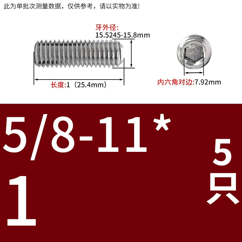 UNC/UNF Stainless Stee Set Screw Inch Headless Hex Socket Concave End Coarse/Fine Thread Screw