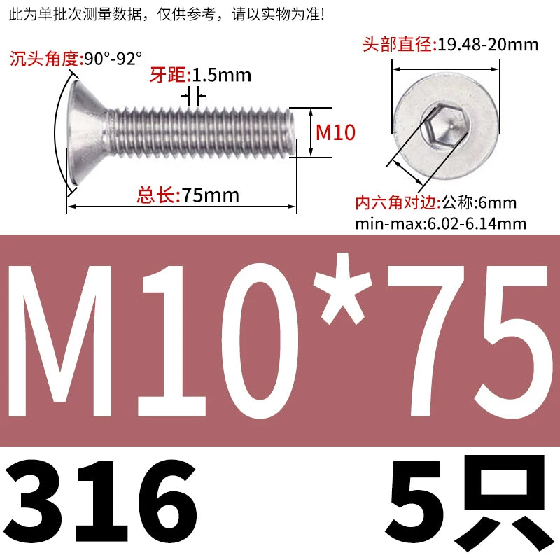 DIN7991/GB70.3 M2-M16 316 SS Screw Hex Socket Countersunk Flat Cup Head Fastener