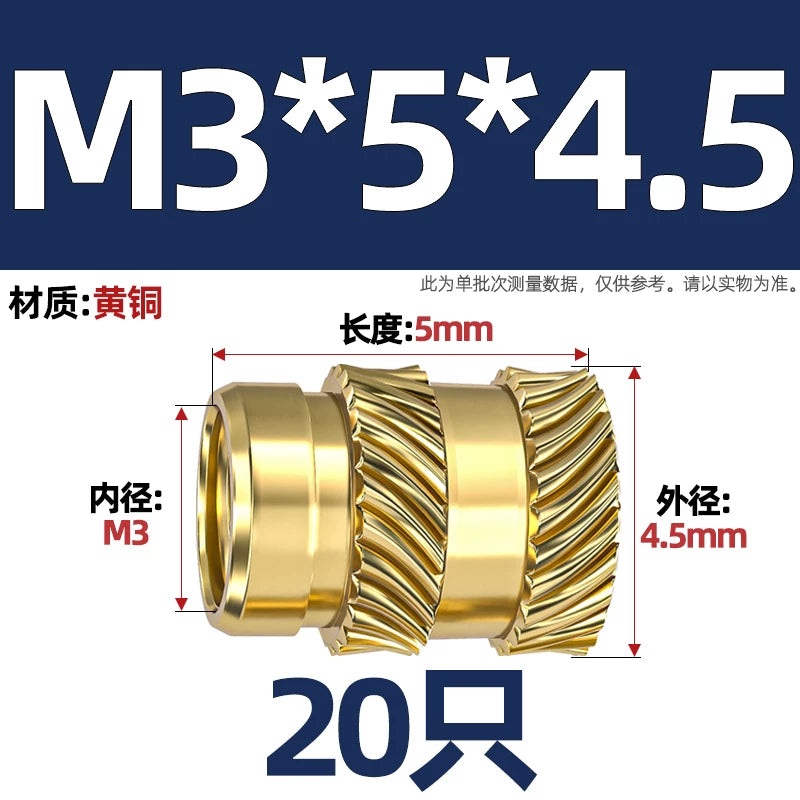M1-M8 Knurled Brass Heat-Set Inserts - Slant Twill Threaded Nuts for Plastic Injection Molding 3D Printing