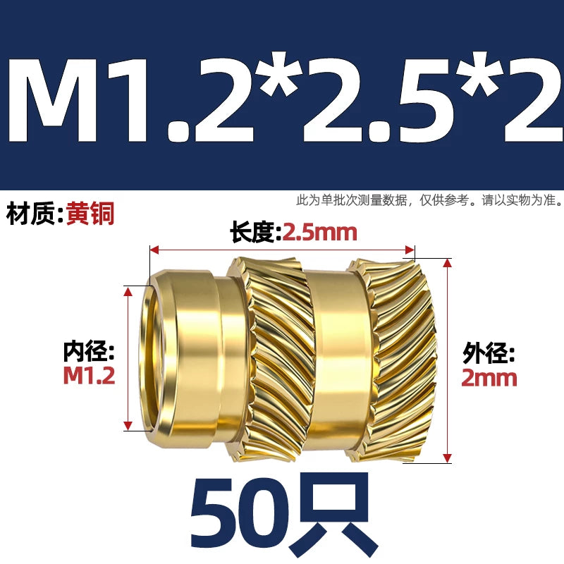 M1-M8 Knurled Brass Heat-Set Inserts - Slant Twill Threaded Nuts for Plastic Injection Molding 3D Printing