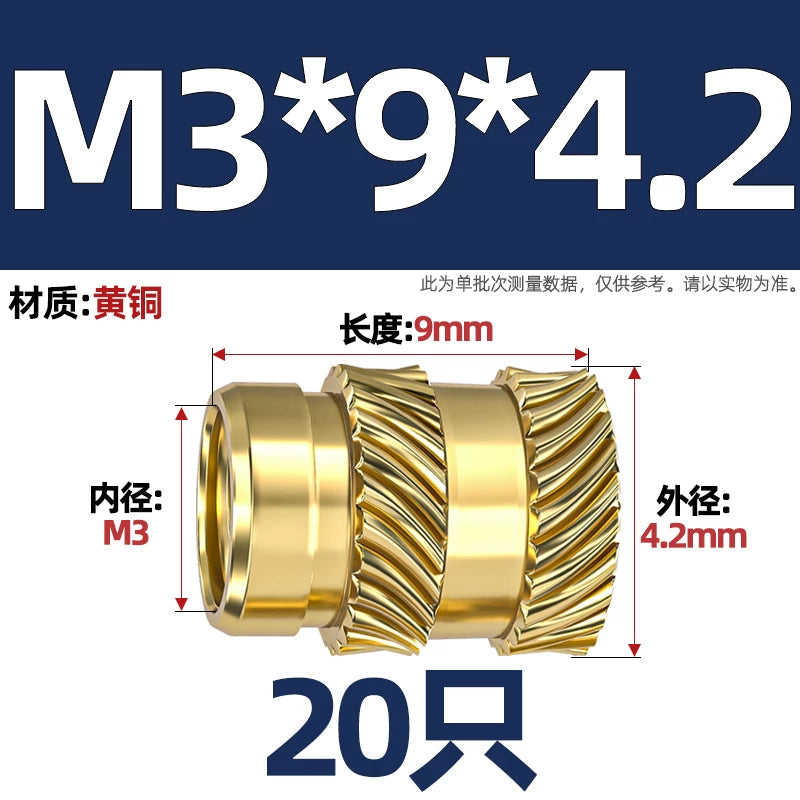M1-M8 Knurled Brass Heat-Set Inserts - Slant Twill Threaded Nuts for Plastic Injection Molding 3D Printing