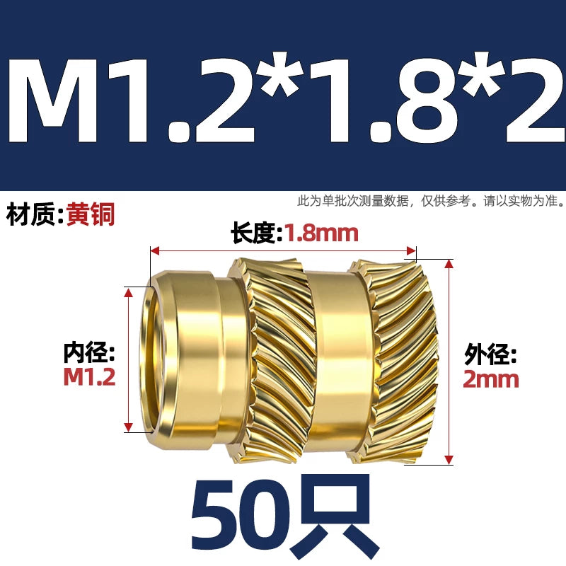 M1-M8 Knurled Brass Heat-Set Inserts - Slant Twill Threaded Nuts for Plastic Injection Molding 3D Printing