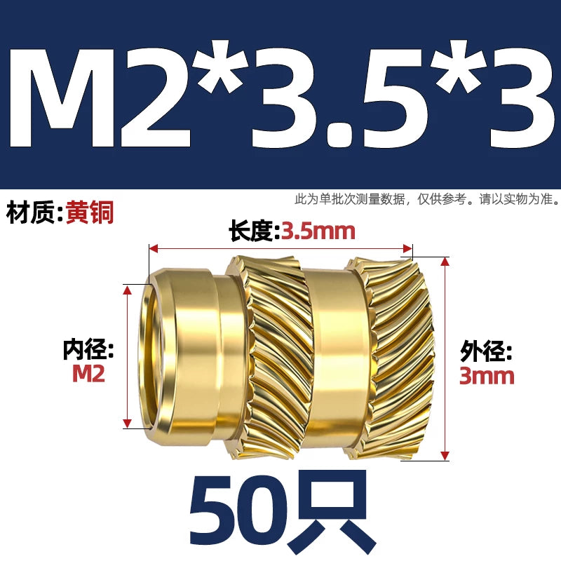 M1-M8 Knurled Brass Heat-Set Inserts - Slant Twill Threaded Nuts for Plastic Injection Molding 3D Printing