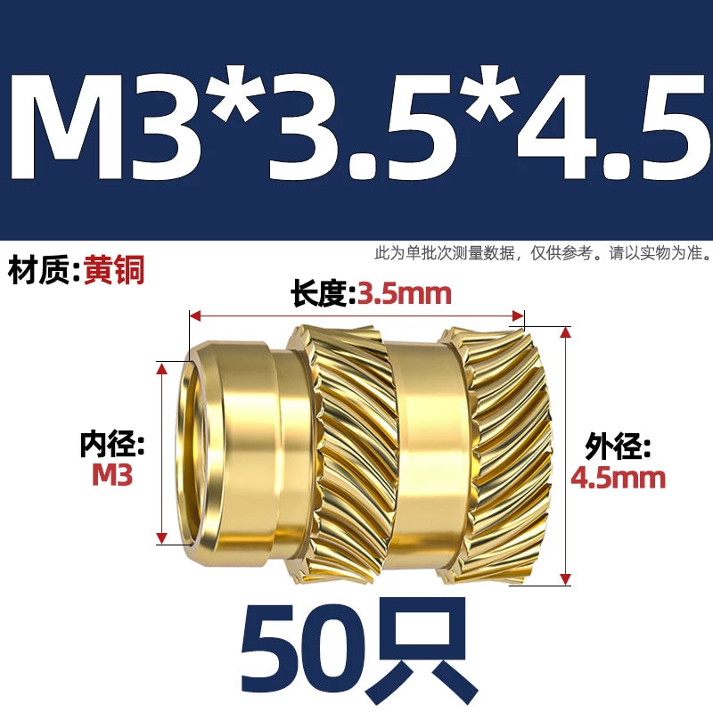 M1-M8 Knurled Brass Heat-Set Inserts - Slant Twill Threaded Nuts for Plastic Injection Molding 3D Printing