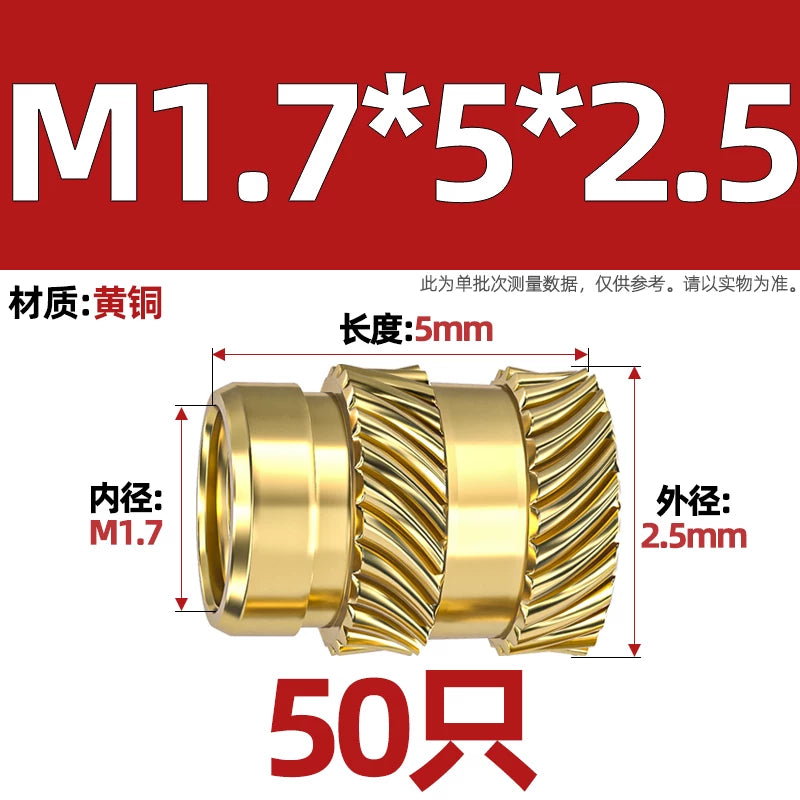M1-M8 Knurled Brass Heat-Set Inserts - Slant Twill Threaded Nuts for Plastic Injection Molding 3D Printing