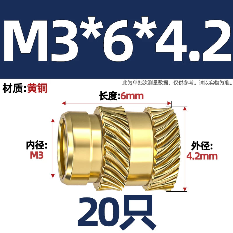 M1-M8 Knurled Brass Heat-Set Inserts - Slant Twill Threaded Nuts for Plastic Injection Molding 3D Printing