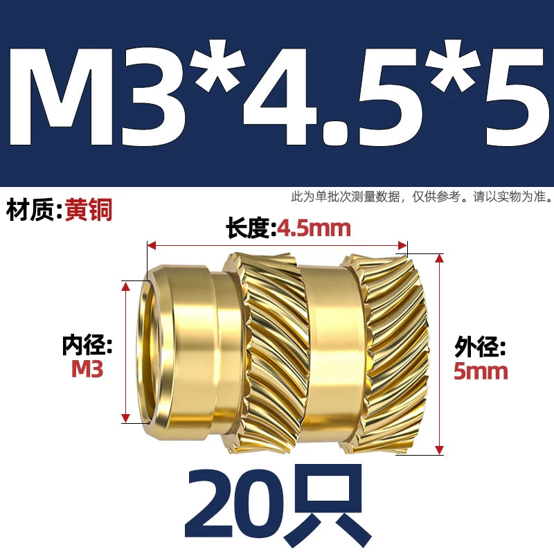 M1-M8 Knurled Brass Heat-Set Inserts - Slant Twill Threaded Nuts for Plastic Injection Molding 3D Printing