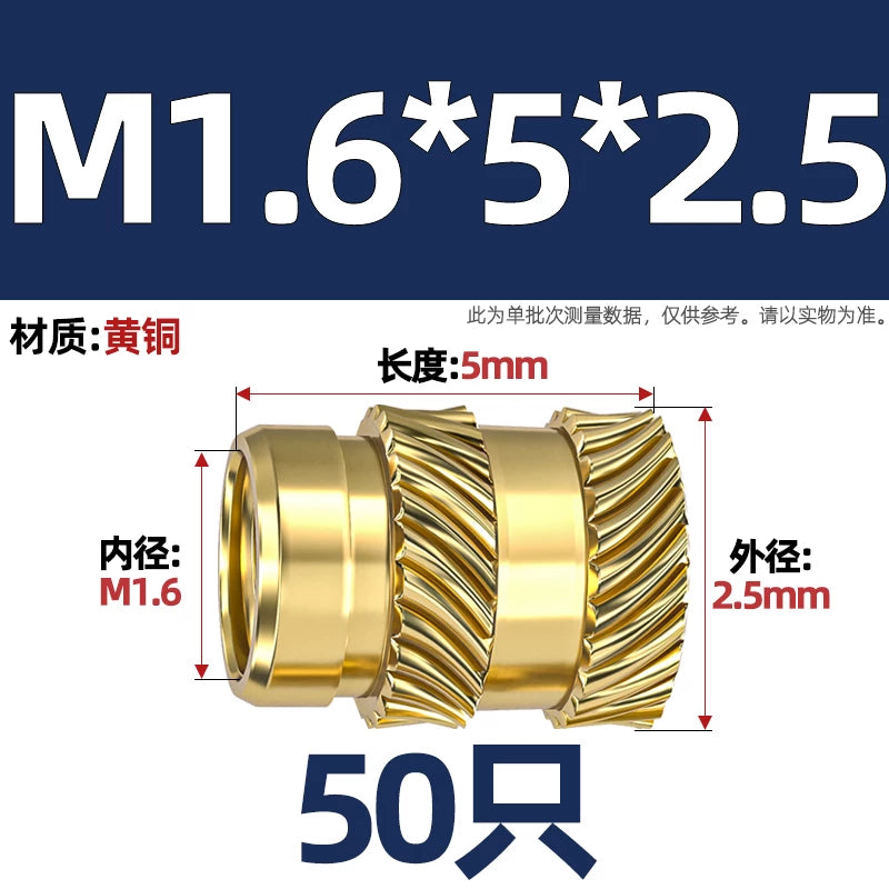 M1-M8 Knurled Brass Heat-Set Inserts - Slant Twill Threaded Nuts for Plastic Injection Molding 3D Printing