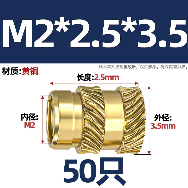 M1-M8 Knurled Brass Heat-Set Inserts - Slant Twill Threaded Nuts for Plastic Injection Molding 3D Printing