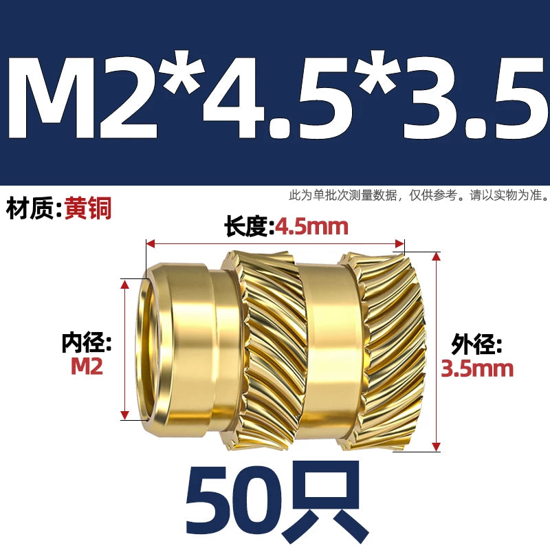 M1-M8 Knurled Brass Heat-Set Inserts - Slant Twill Threaded Nuts for Plastic Injection Molding 3D Printing
