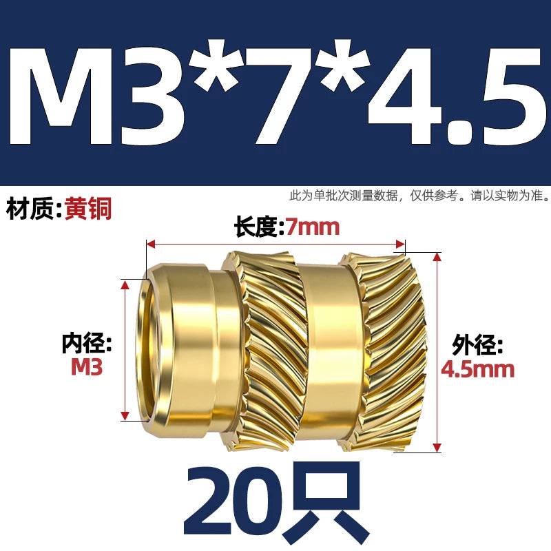 M1-M8 Knurled Brass Heat-Set Inserts - Slant Twill Threaded Nuts for Plastic Injection Molding 3D Printing