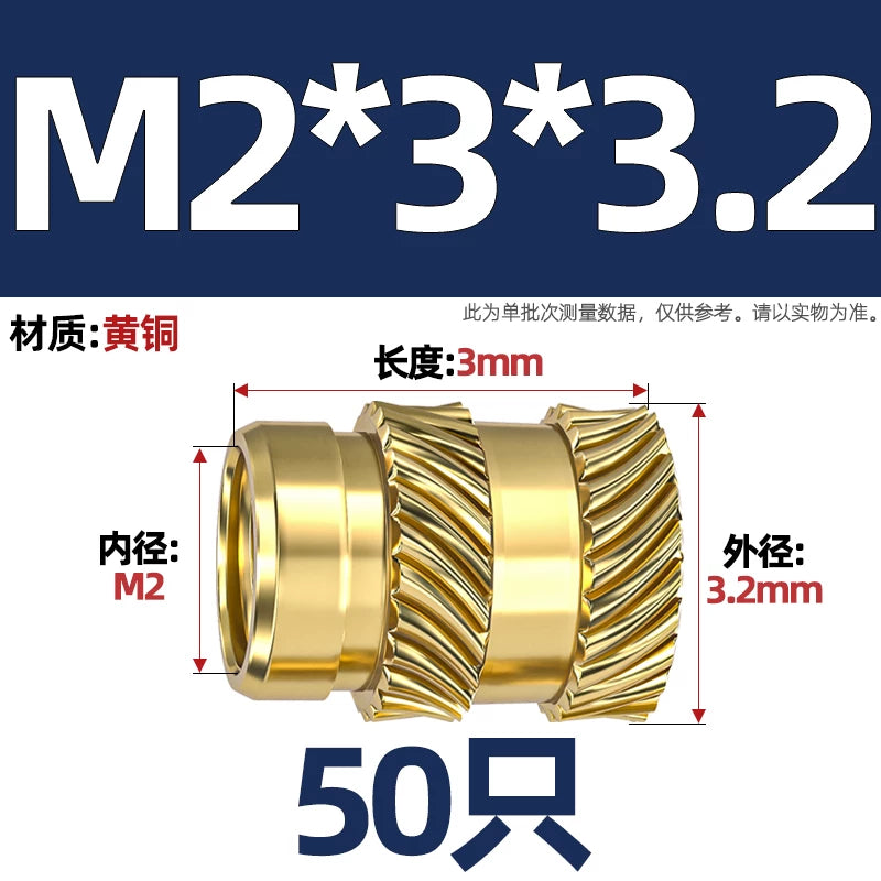M1-M8 Knurled Brass Heat-Set Inserts - Slant Twill Threaded Nuts for Plastic Injection Molding 3D Printing