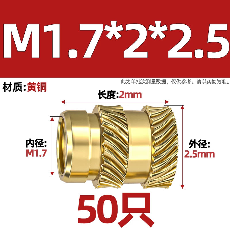 M1-M8 Knurled Brass Heat-Set Inserts - Slant Twill Threaded Nuts for Plastic Injection Molding 3D Printing