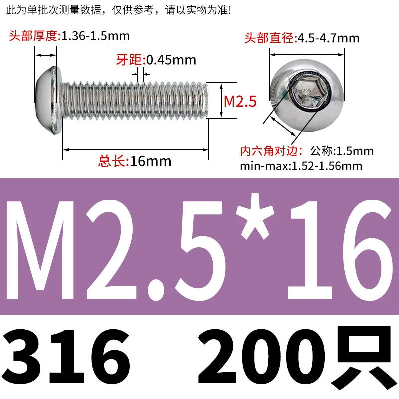 ISO7380 316 Stainless Steel Screw Button Mushroom Head Hex Machine Screw M2-M12 Fastener