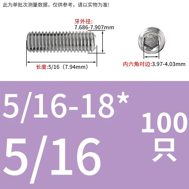 UNC/UNF Stainless Stee Set Screw Inch Headless Hex Socket Concave End Coarse/Fine Thread Screw