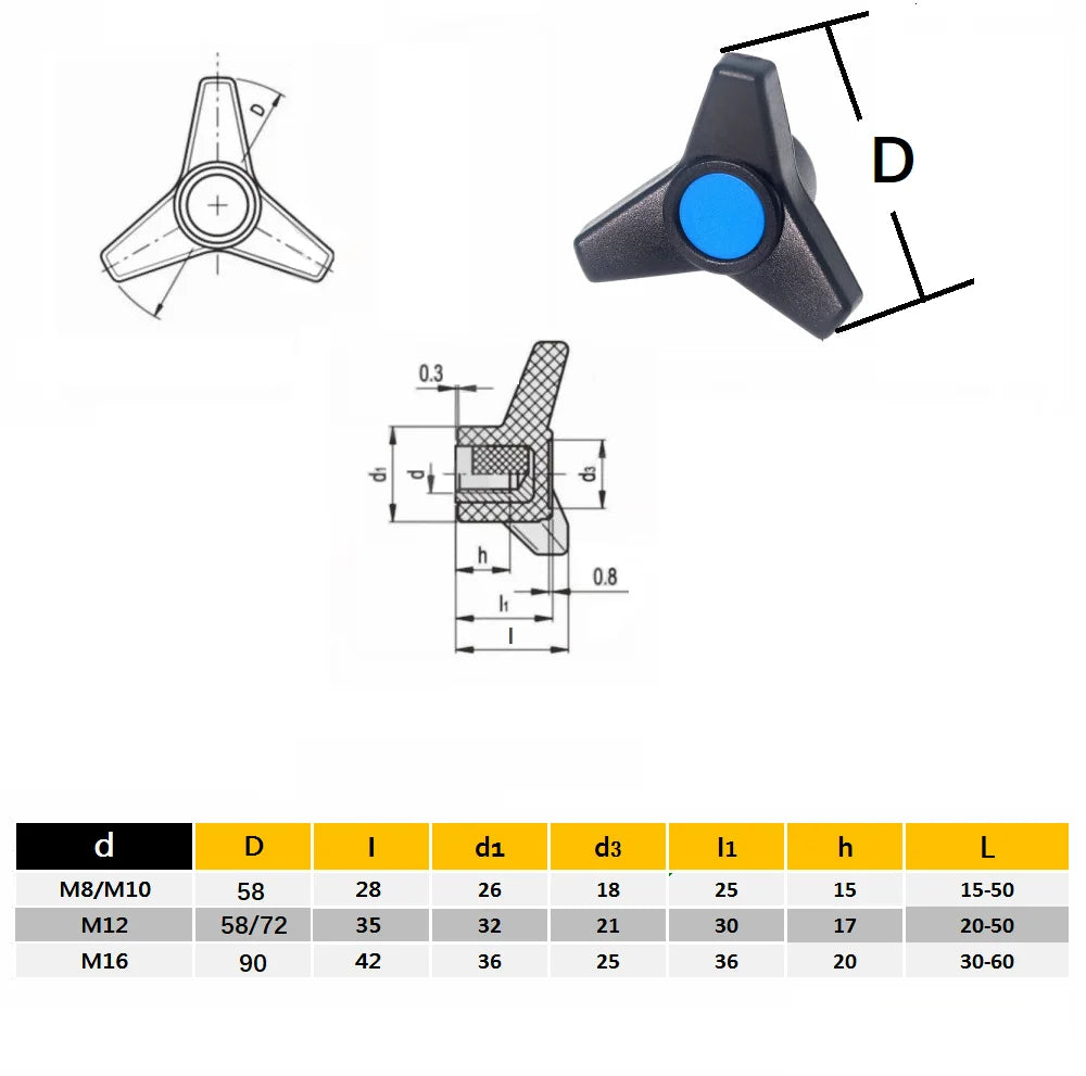 1pcs high quality M8 M10 M12 M16 Triangle handle Plastic three-arm knob head nut