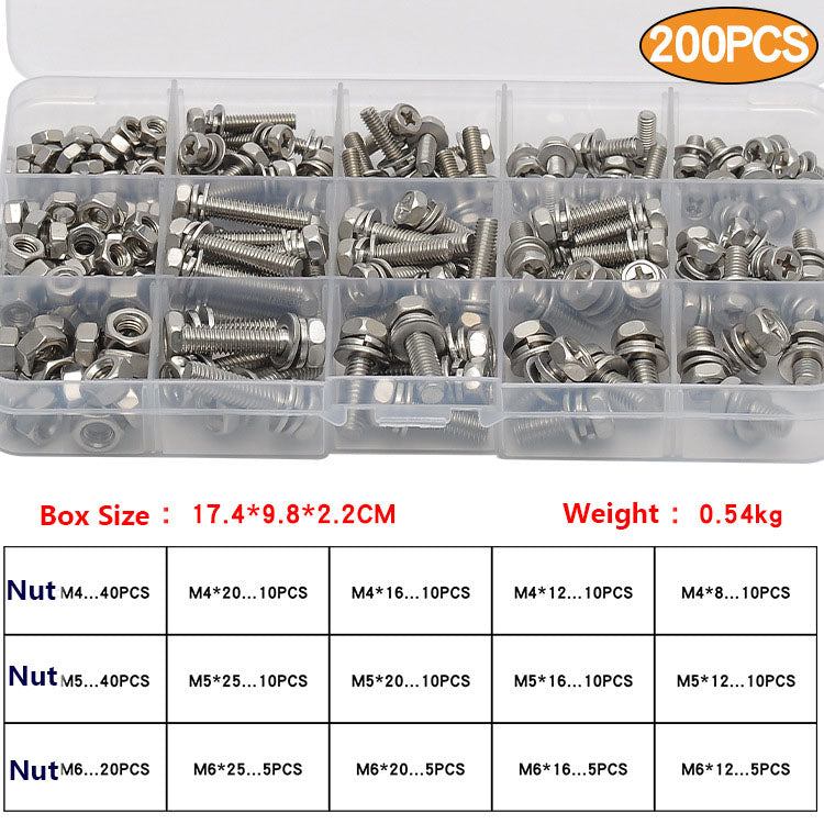 304 stainless steel outer hexagon gasket three combination screw nut set cross hexagon boxed bolts 200pcs  for Household & Equipment Installation