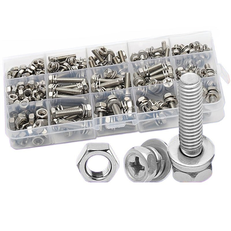 304 stainless steel outer hexagon gasket three combination screw nut set cross hexagon boxed bolts 200pcs  for Household & Equipment Installation