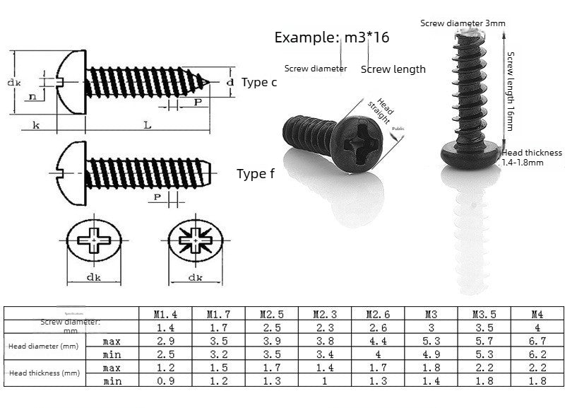 M1 M1.4 M2 M3 M4 M5 Black Pan Head Phillips Flat Tail Self-Tapping Screws Small Round Head Screws for Electronics and Precision Repair