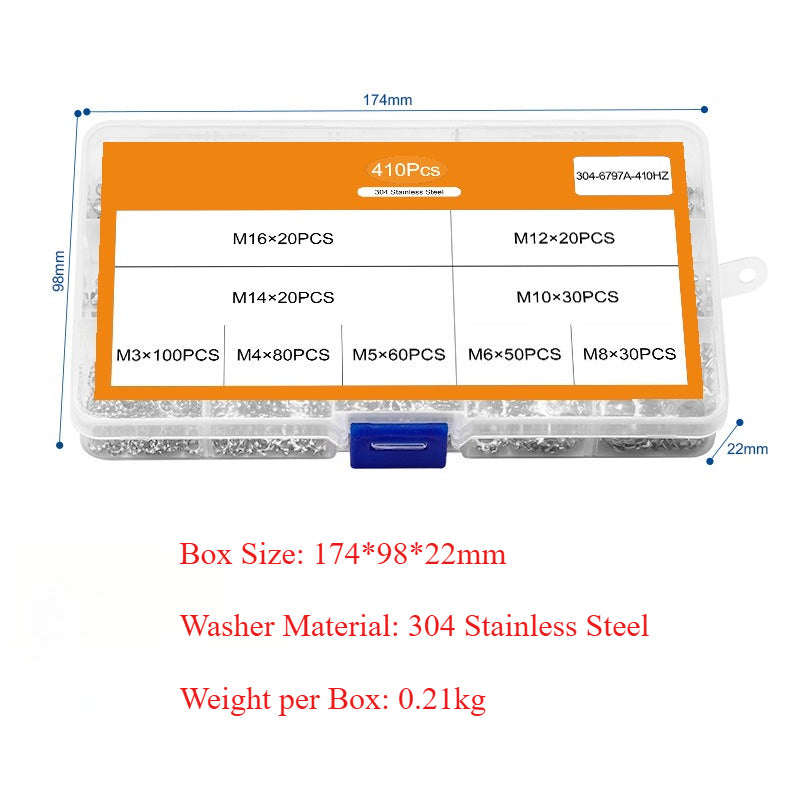 304 Stainless Steel 410PCS Boxed Washer Outer Tooth Flat Pad Locking Washer Anti-Slip Stop Washer Set  for Household & Construction